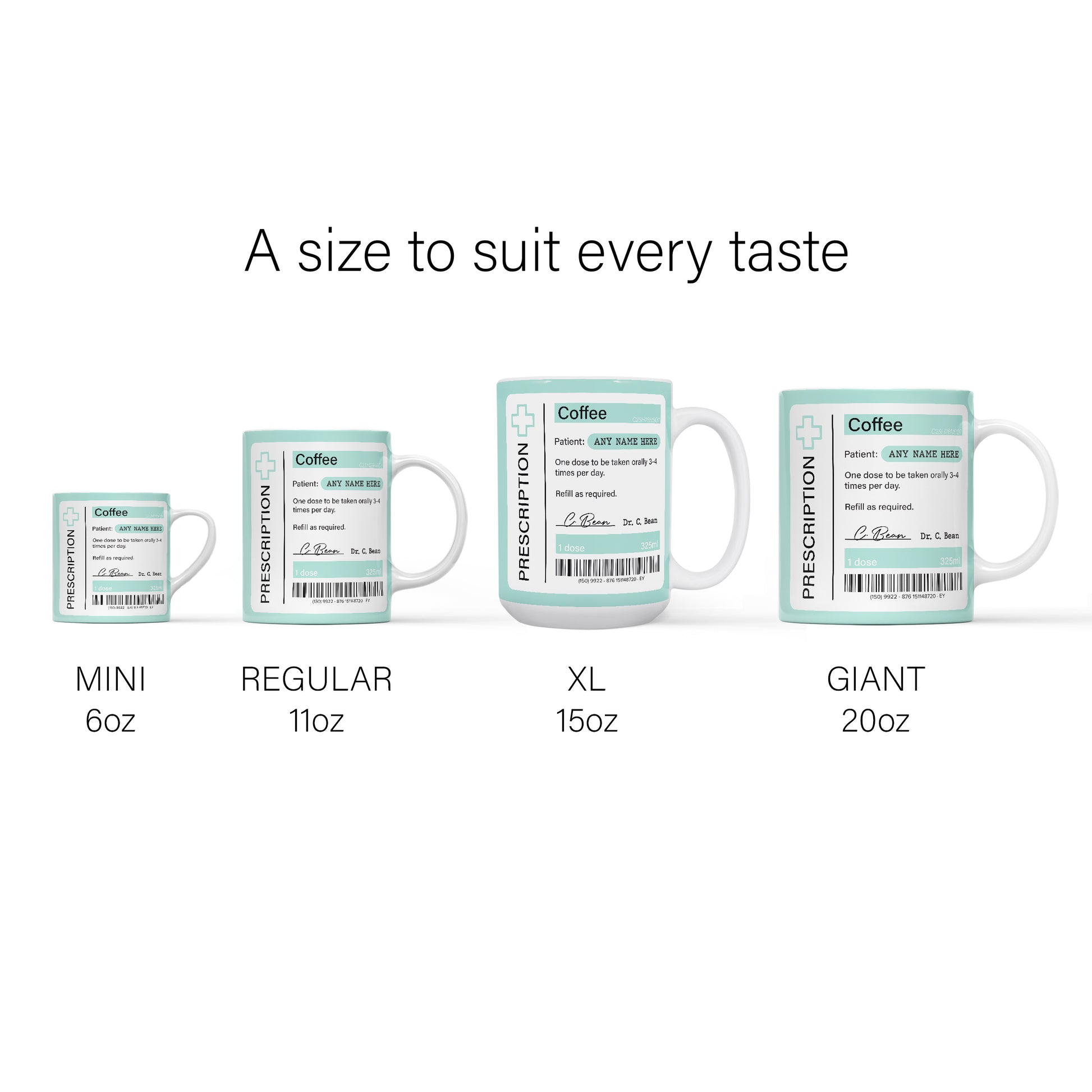 An image showing a series of mugs in different sizes from 6oz to 20oz