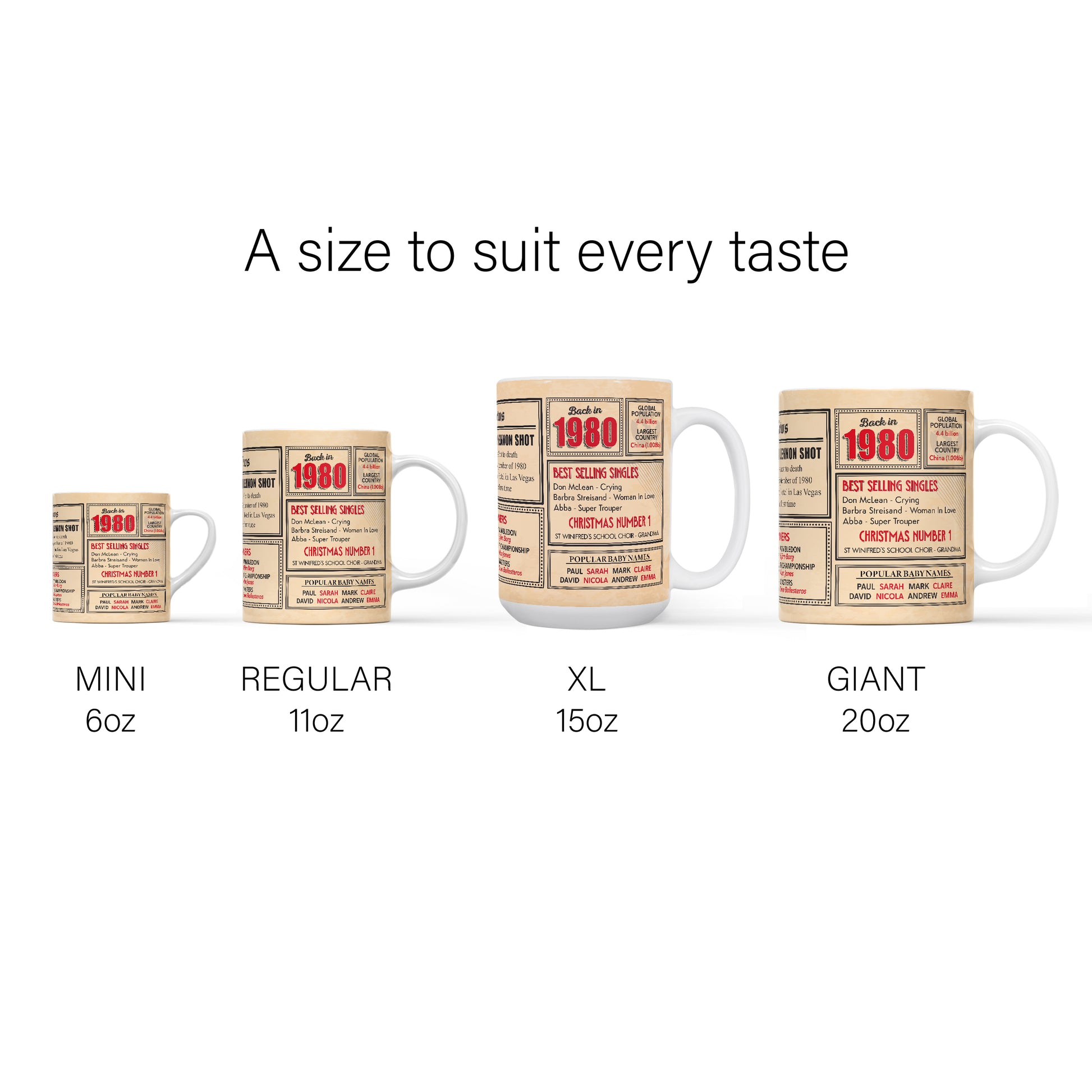 An image showing a series of mugs in different sizes from 6oz to 20oz