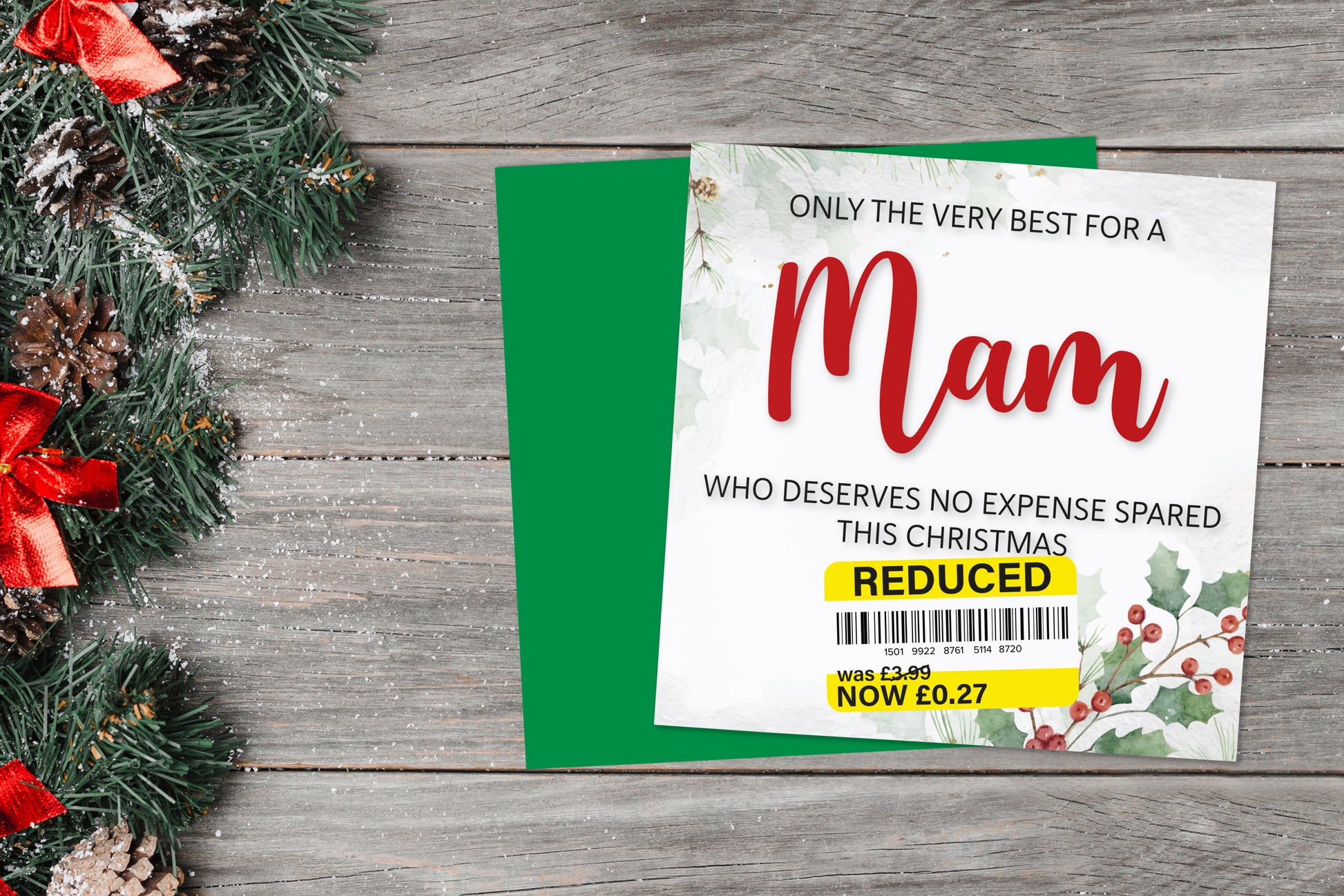 A greetings card on a blue background accompanied by flowers