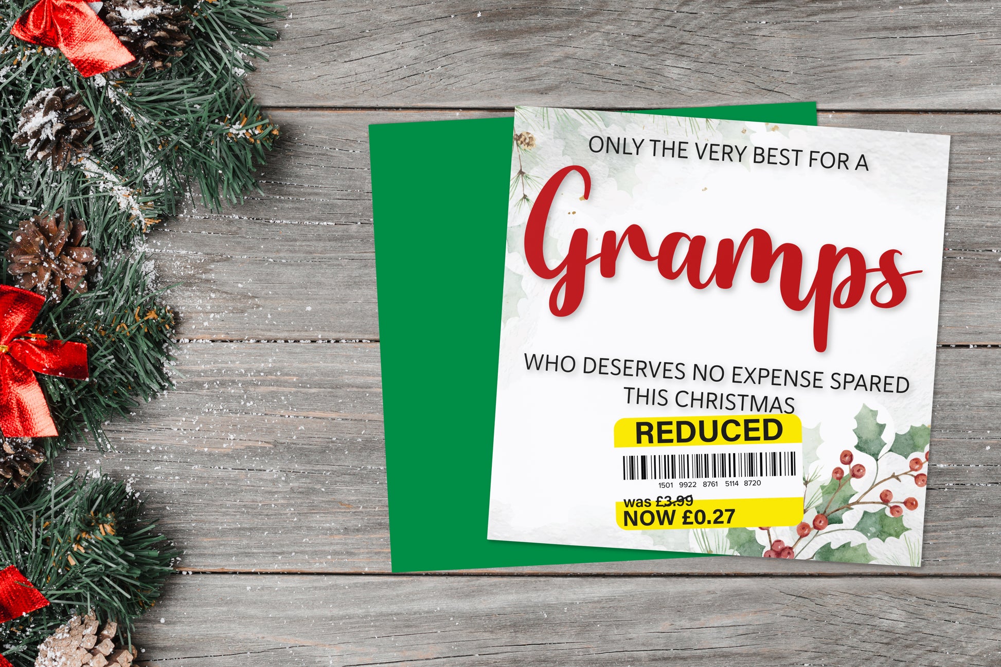 A greetings card on a blue background accompanied by flowers