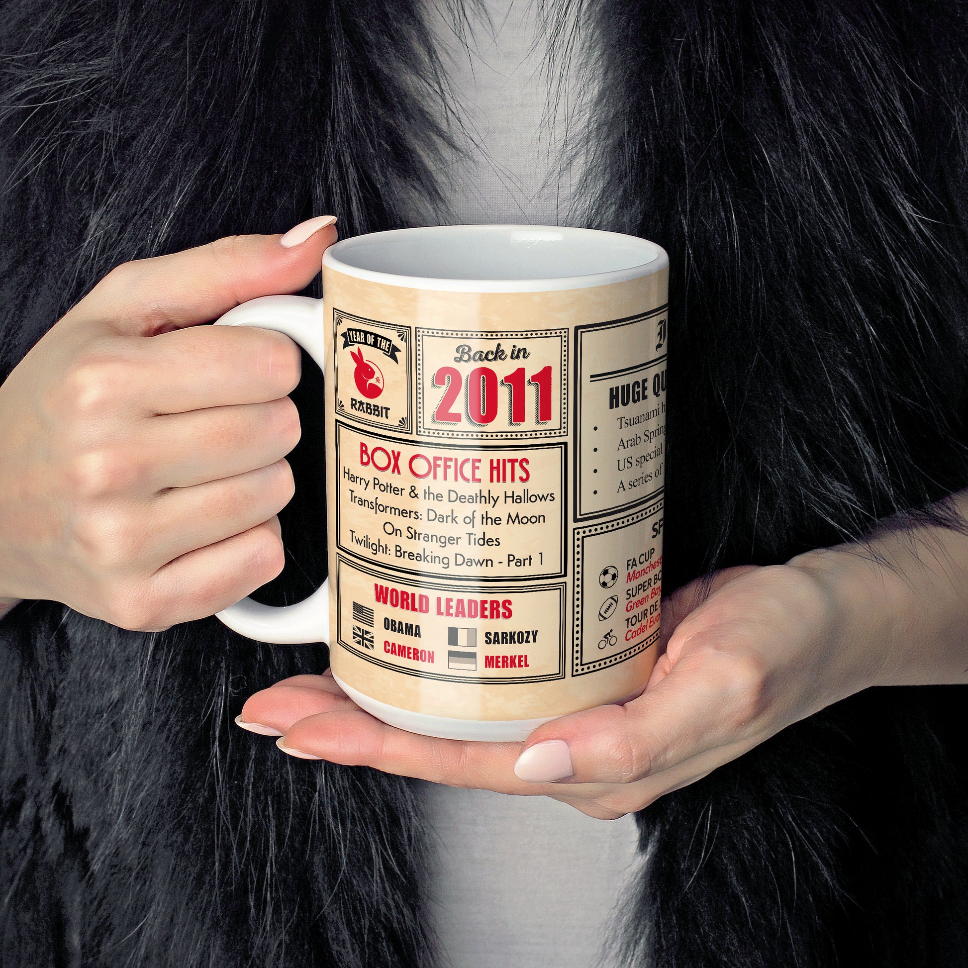 An image of a lady holding a 15oz ceramic mug