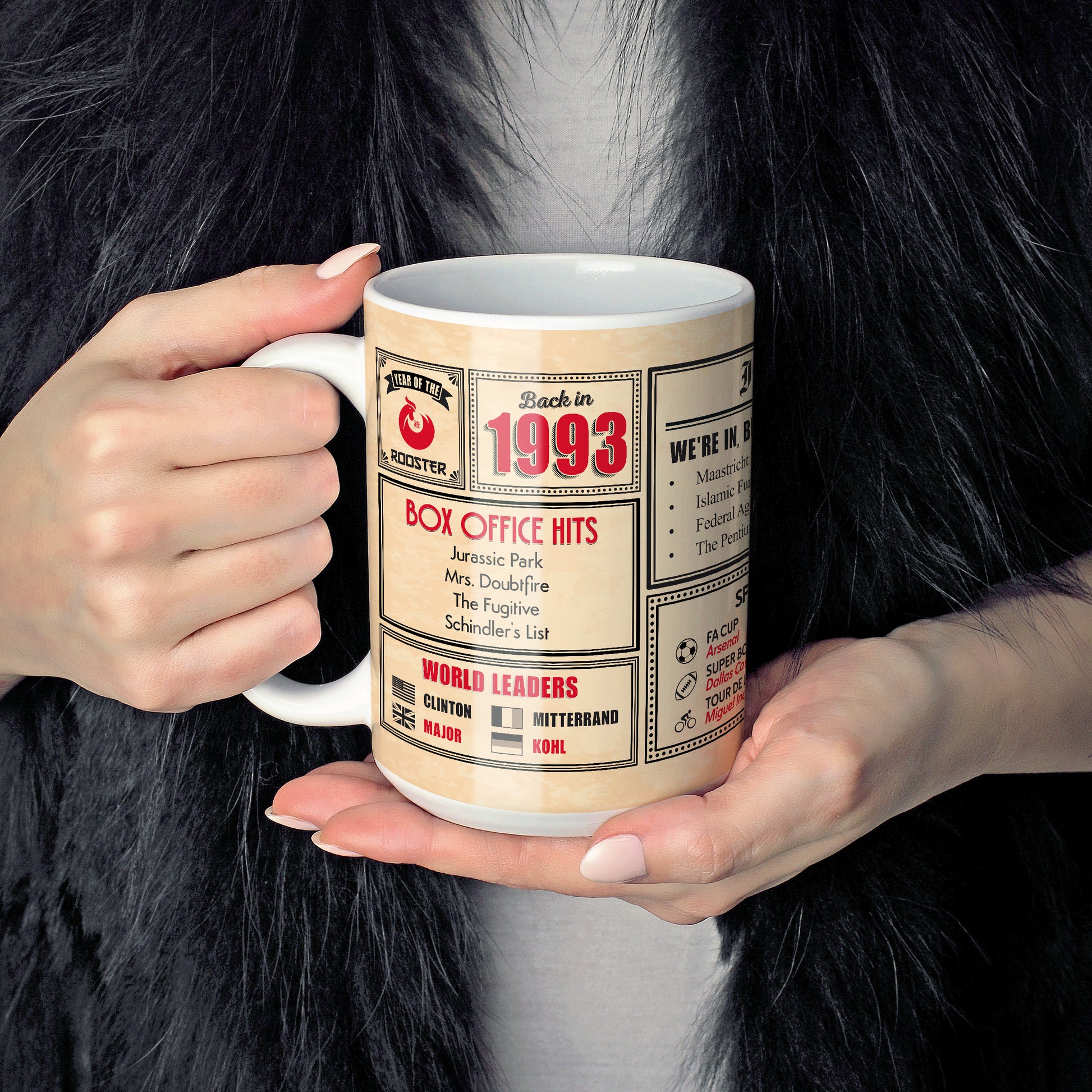 An image of a lady holding a 15oz ceramic mug