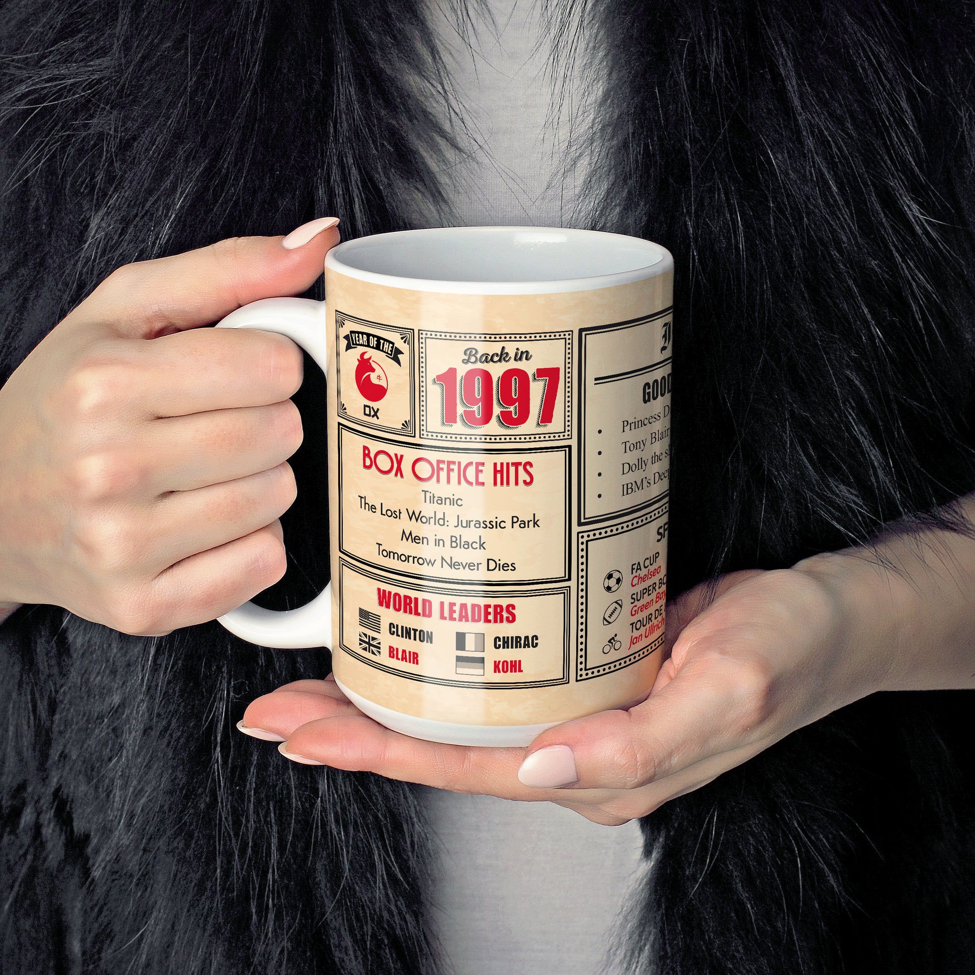 An image of a lady holding a 15oz ceramic mug