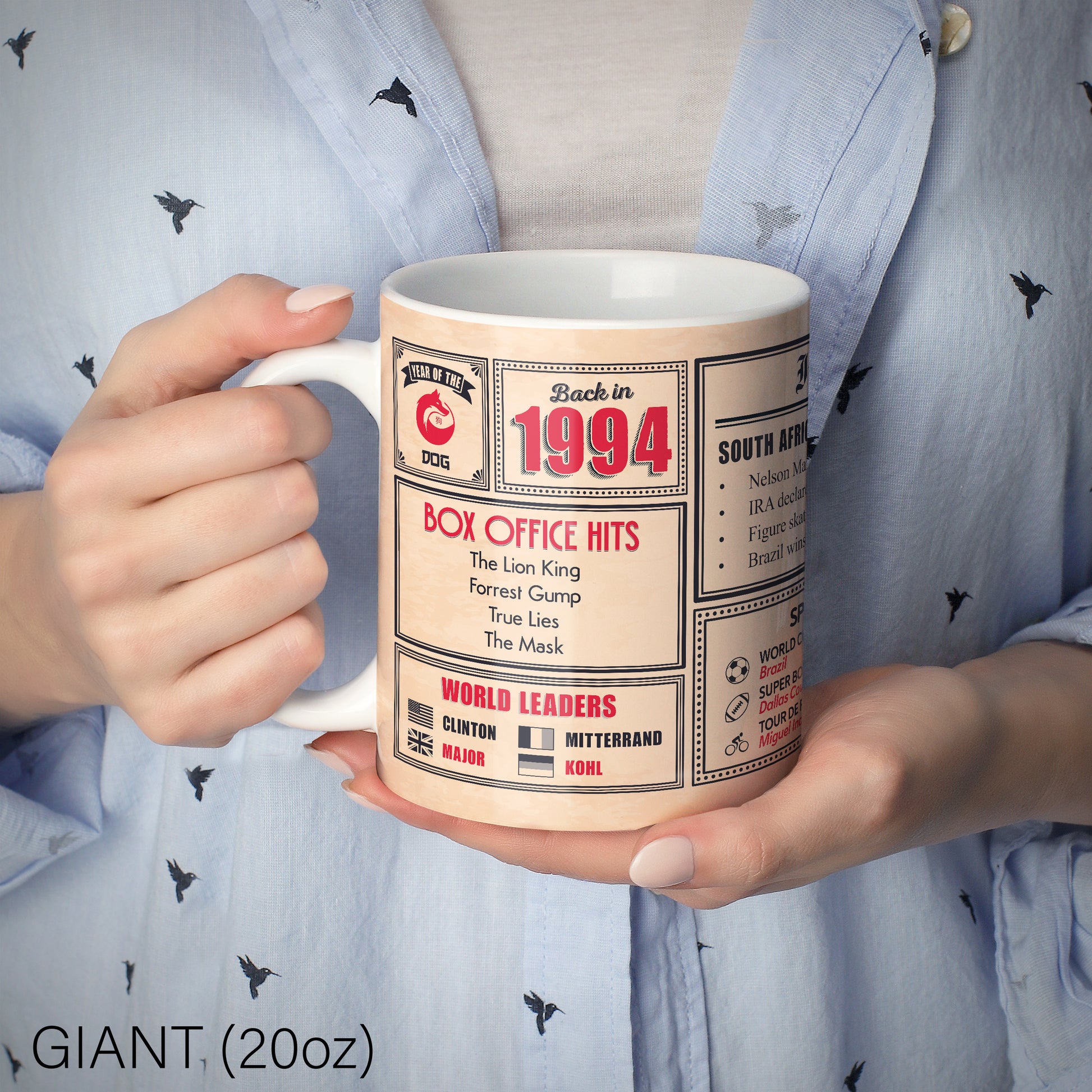 An image of a lady holding a 20oz ceramic mug