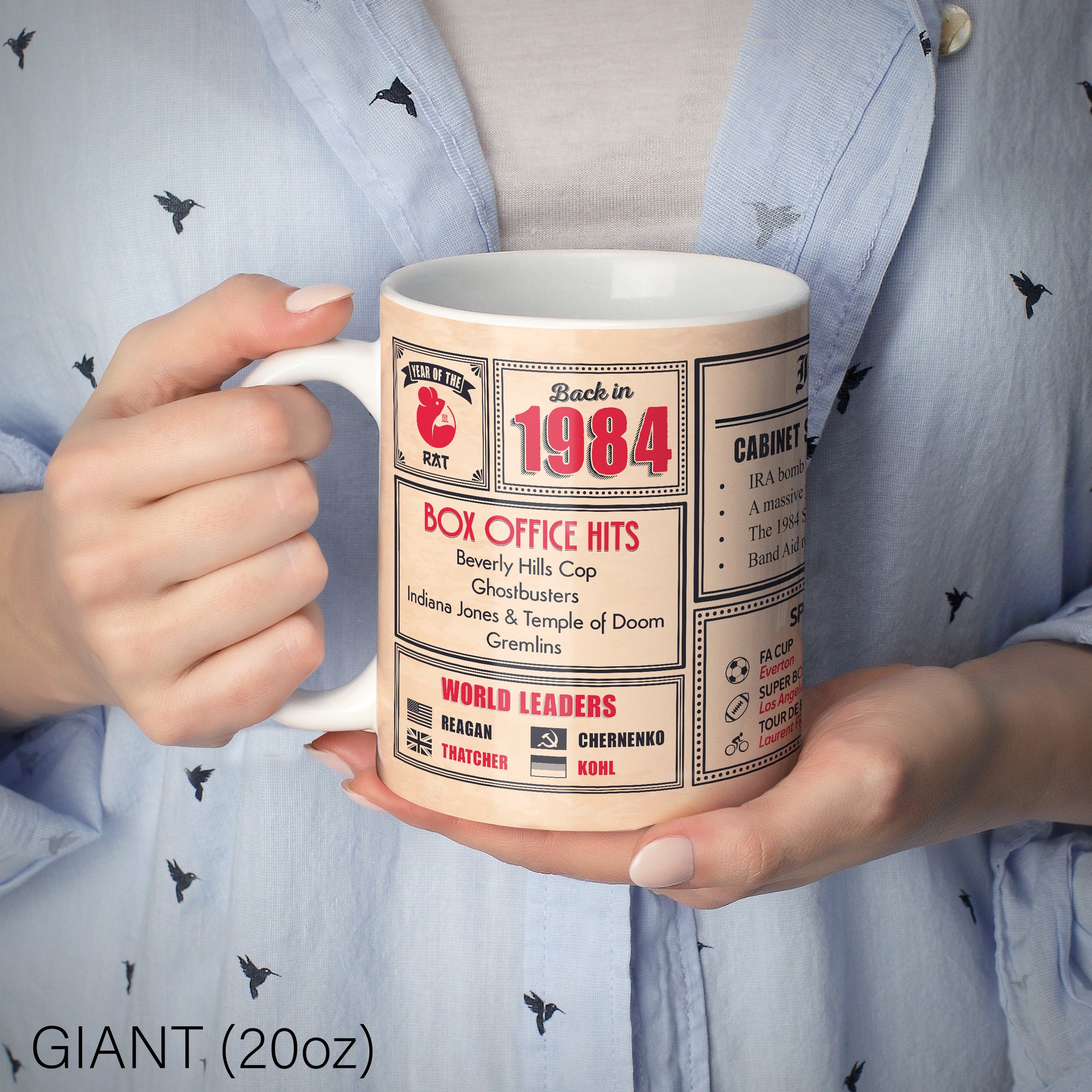 An image of a lady holding a 20oz ceramic mug