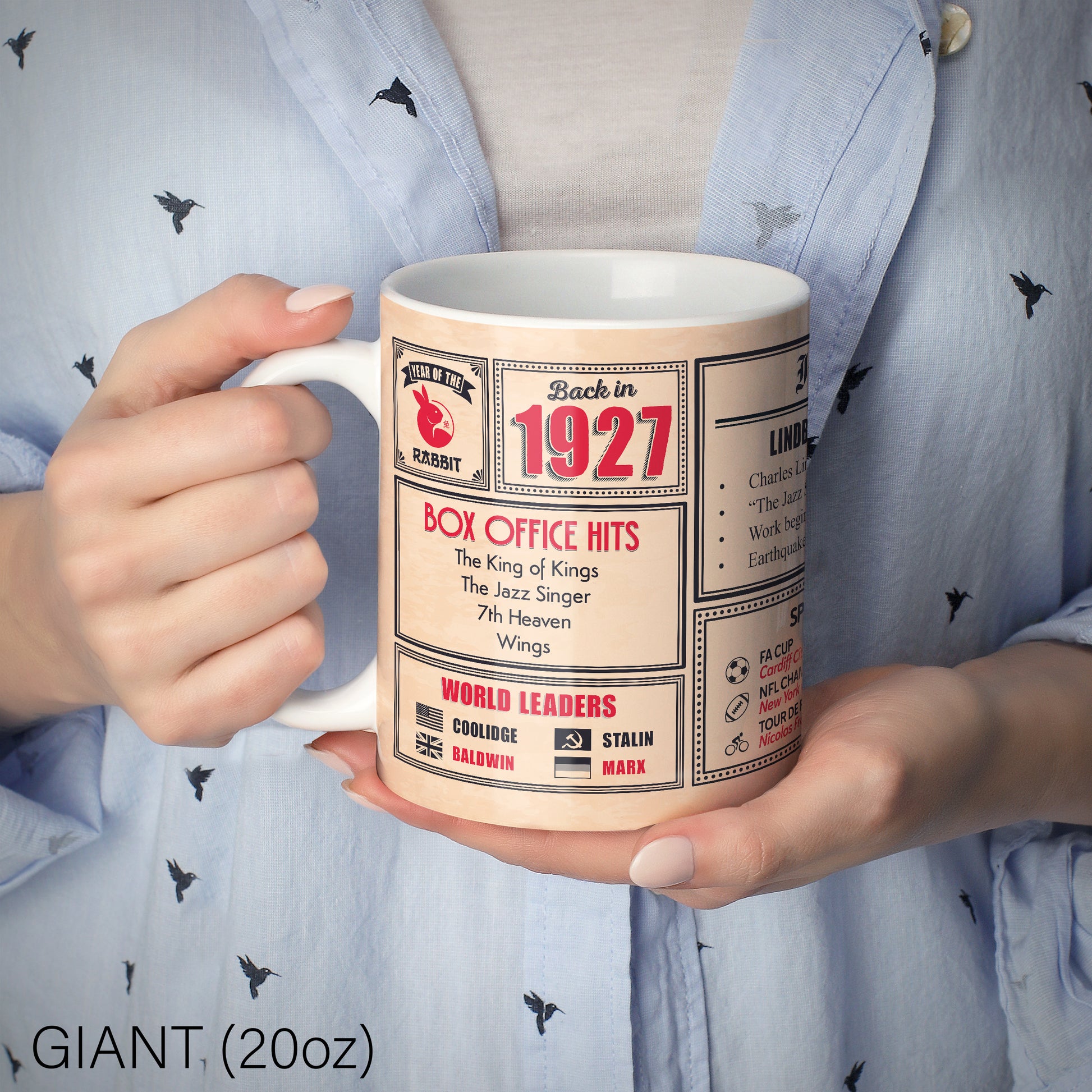 An image of a lady holding a 20oz ceramic mug