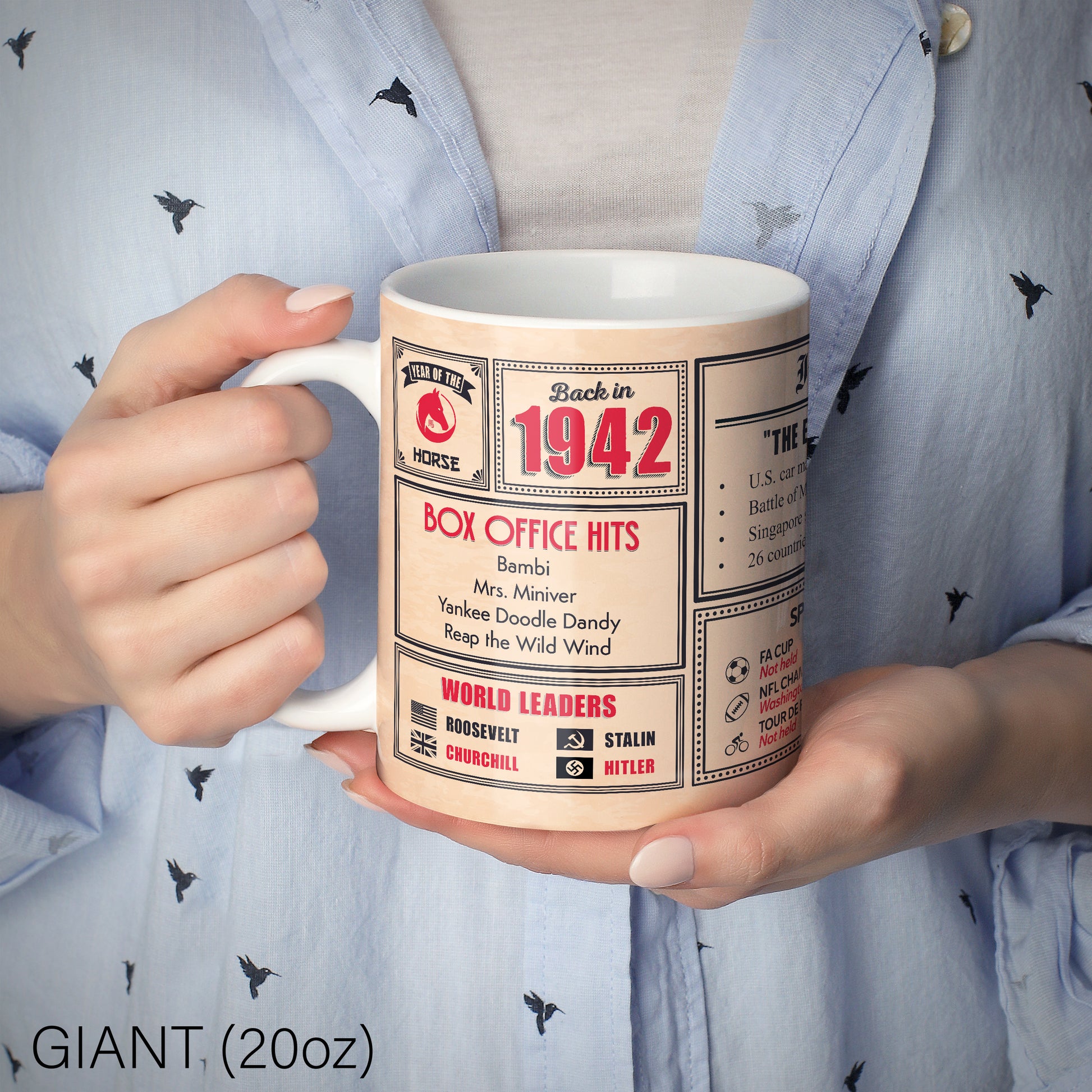 An image of a lady holding a 20oz ceramic mug
