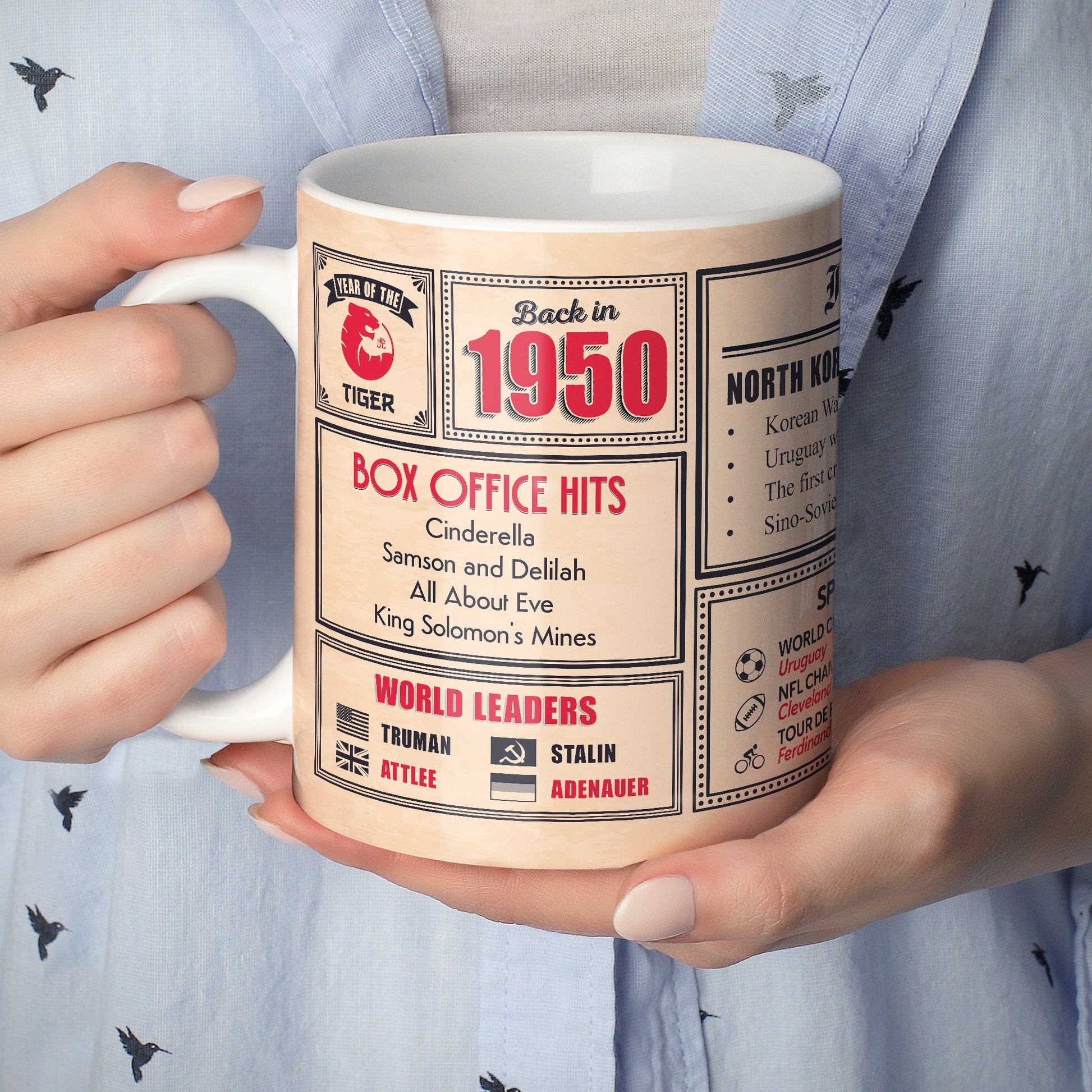 An image of a lady holding a 20oz ceramic mug