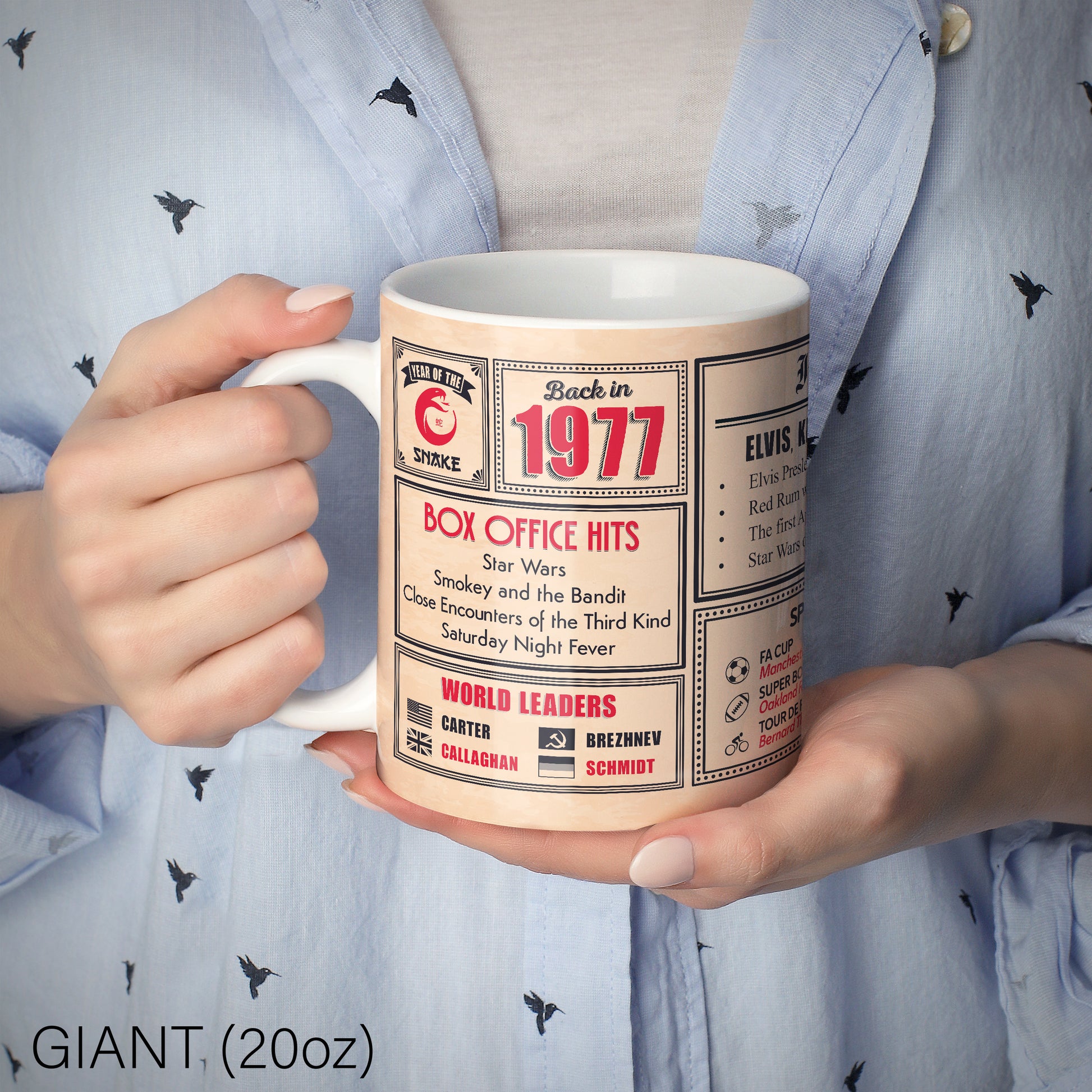 An image of a lady holding a 20oz ceramic mug